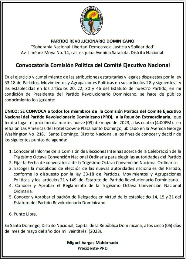 PRD convoca su Comisión Política a reunión extraordinaria