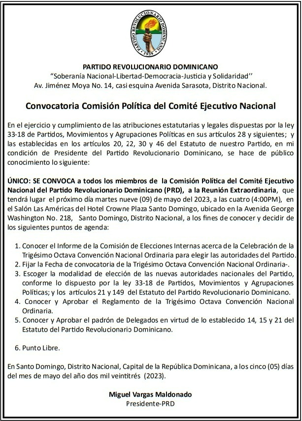 PRD convoca su Comisión Política a reunión extraordinaria