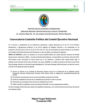 PRD convoca a la Comisión Política de su Comité Ejecutivo Nacional