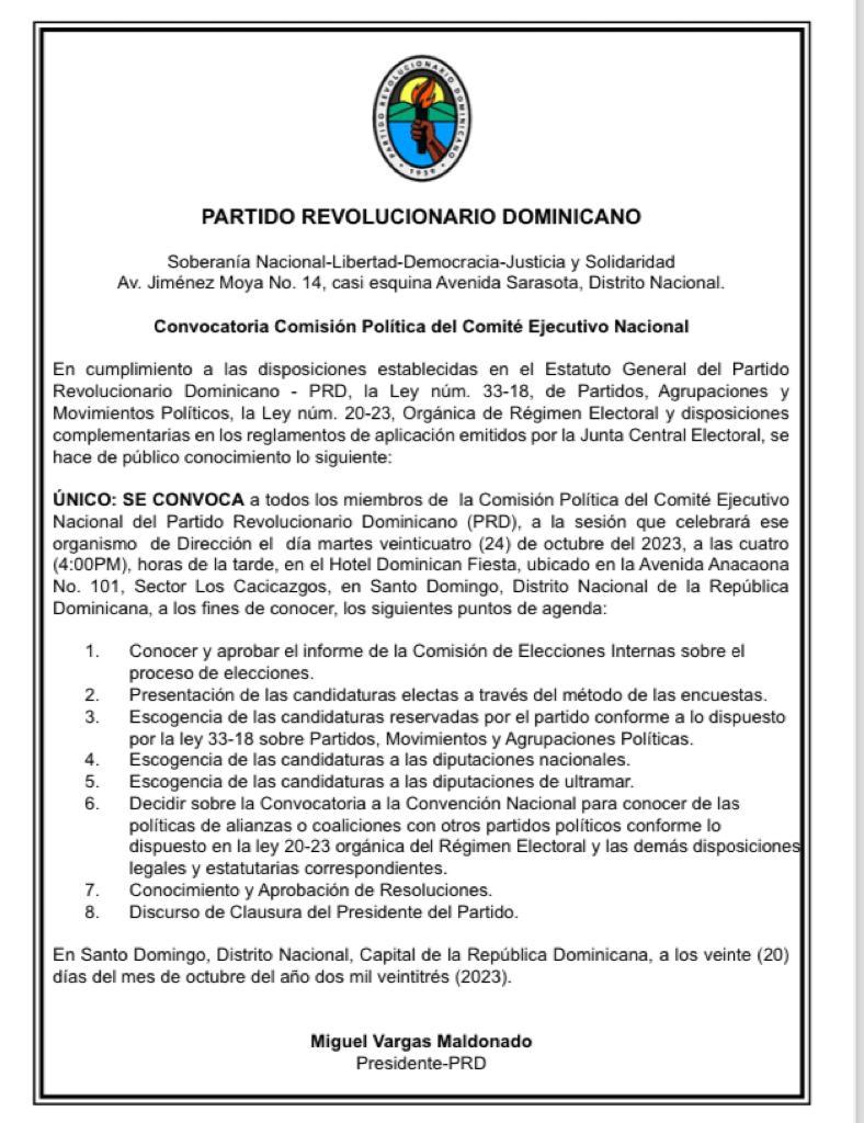 PRD convoca a Comisión Política del Comité Ejecutivo Nacional