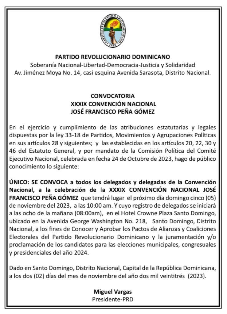 PRD convoca XXXIX Convención Nacional José Francisco Peña Gómez este domingo